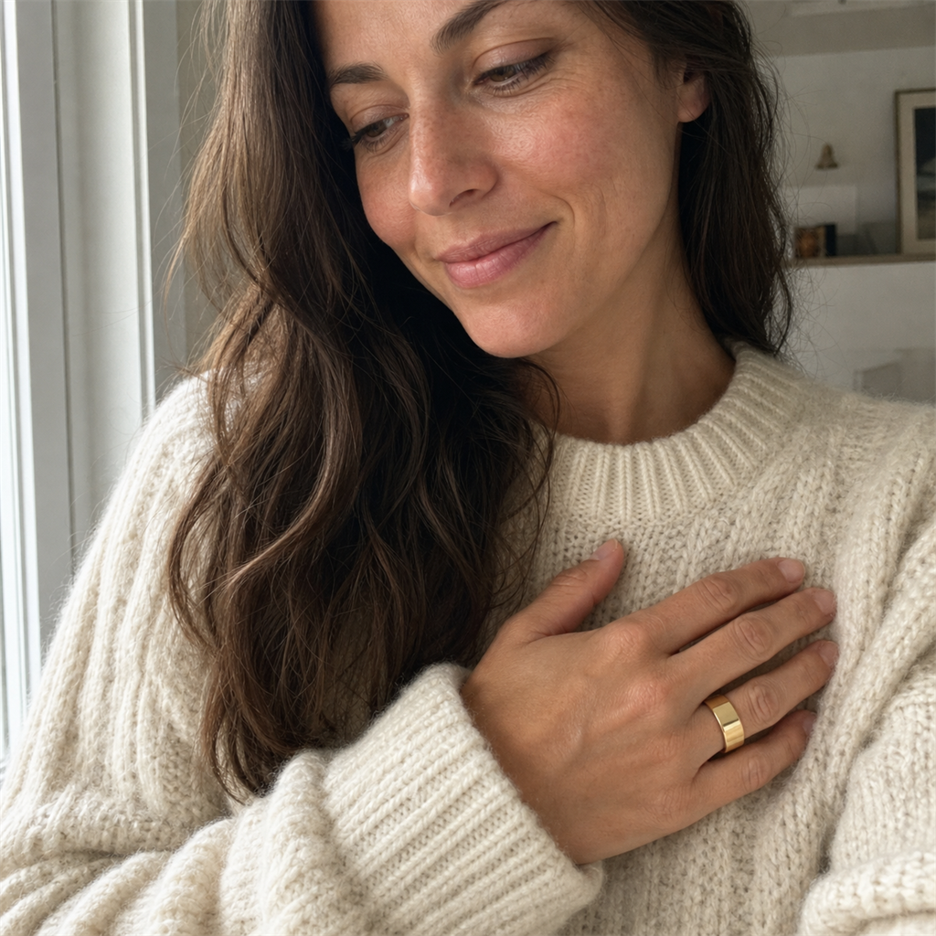 Woman wearing the KALM+ Ring during a calm moment