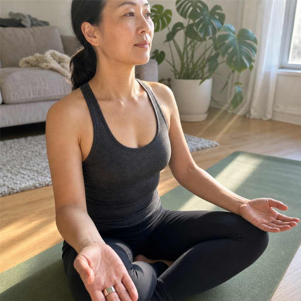 Woman practicing a calm screen-free ritual with the KALM+ Ring