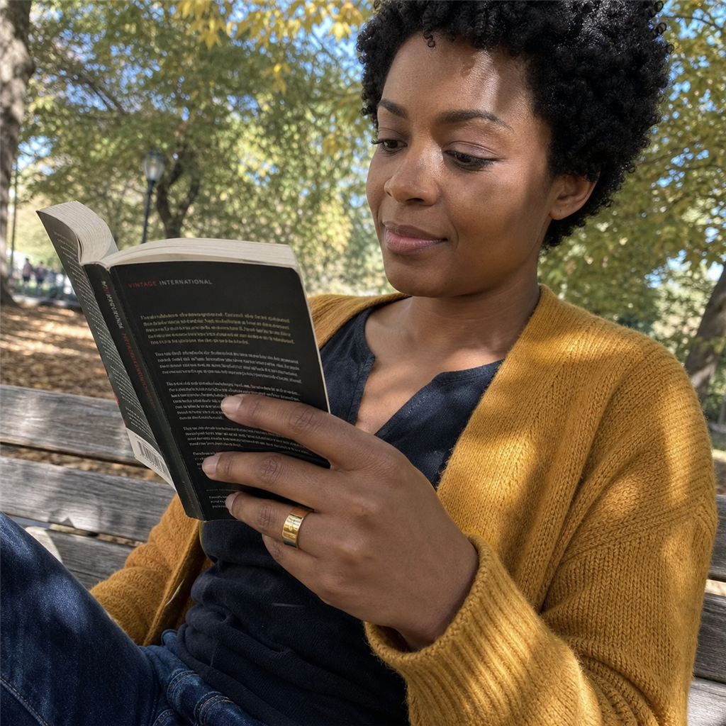 Quiet focus with a book while wearing the KALM+ Ring